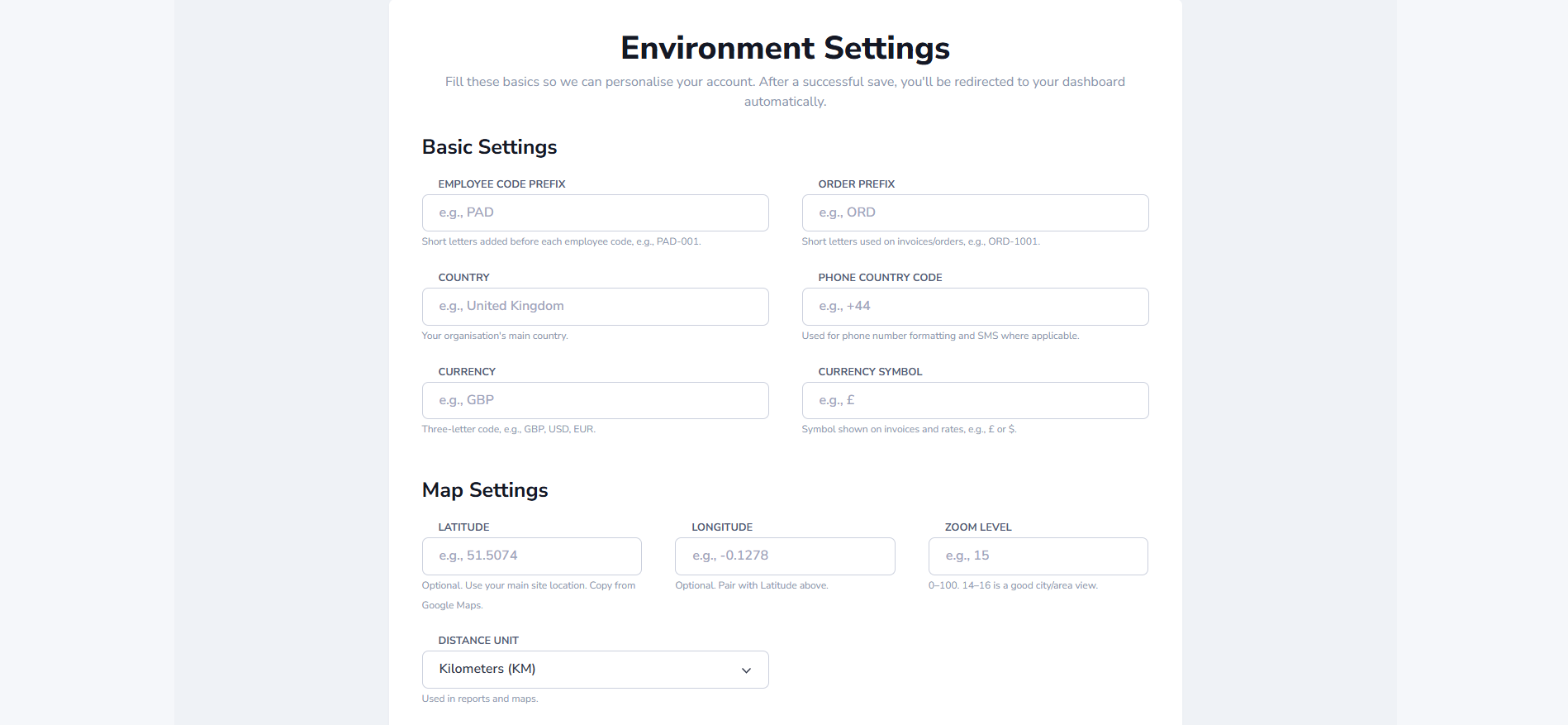 Initial settings to dashboard